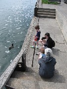 Jacob Wheeler; Ellery Wheeler; Katherine (Kat) McDougal Wheeler McCandless; Ruth Bennett McDougal Dorrough; Canandaigua pier; feeding the duck