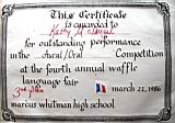 Katherine (Kat) McDougal Wheeler McCandless; awards; Certificate aural/oral competition waffle language fair