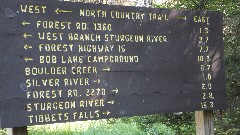 sign 
Forest Rd 1360
West Branch Sturgeon river
Bob Lake Campground
Boulder Creek
Silver River
Forest rd 270
Sturgeon River
Tibbets Falls