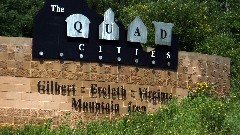 NCT; Minnesota; Virginia on Rt 53 -- Rt 20 in McKinley
sign The Quad Cities
Gilbert - Eveleth - Virginia - Mountain Iron