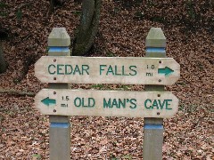 Cedar Falls; Old Mans Cave sign; Hiking NCT Buckeye Trail; BT