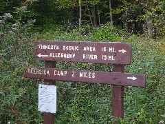 PA-01 Pennsylvania NCT Hiking; 
sign Tionesta Scenic Area, Allegheny River Camp; sign Deerlick Camp 2 miles