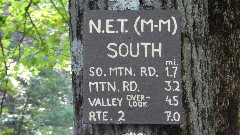 NET; M&M Trail, MA
sign NET (M-M) South
So Mtn Rd 1 7
Mtn Rd 3 2
Valley Overlook 4 5
Rt 2 7 0